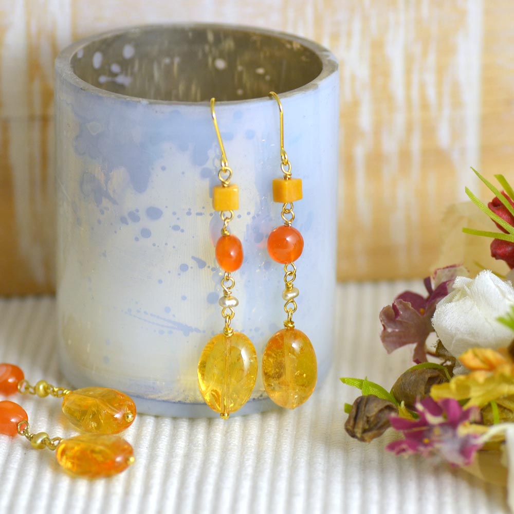 シトリン オレンジカルセドニー 淡水パール イエロージェイド ロング イヤリング ピアス