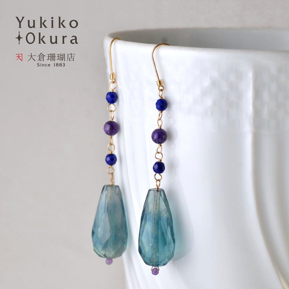 K18 フローライト ラピスラズリ スギライト フリンジ イヤリング ピアス