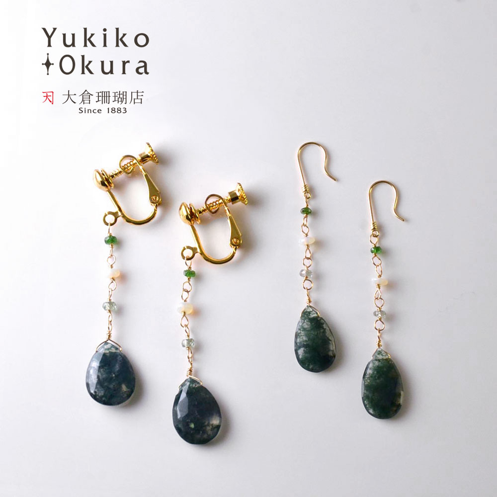 K18 モスアゲイト エチオピアオパール マルチサファイア サボライト フリンジ イヤリング ピアス