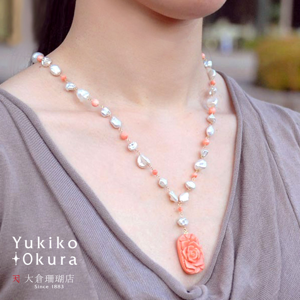 K18 珊瑚 薔薇彫刻トップ ネックレス