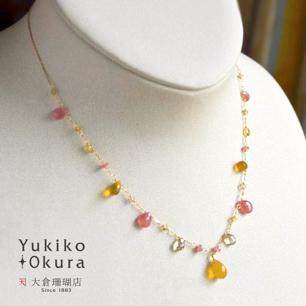 K18 イエローオパール ロードクロサイト ベリル ショートネックレス