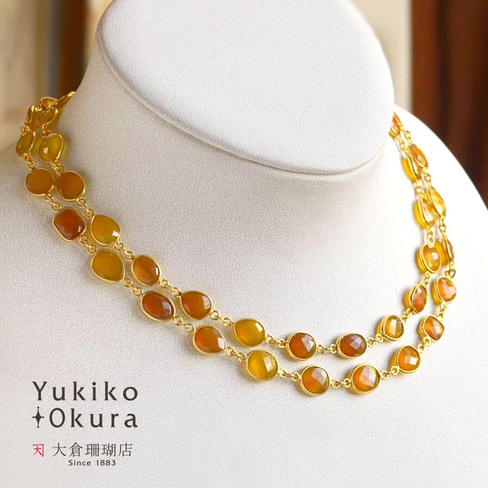 シルバー 925 ( ゴールド仕上げ ) イエローカルセドニー ロング ネックレス