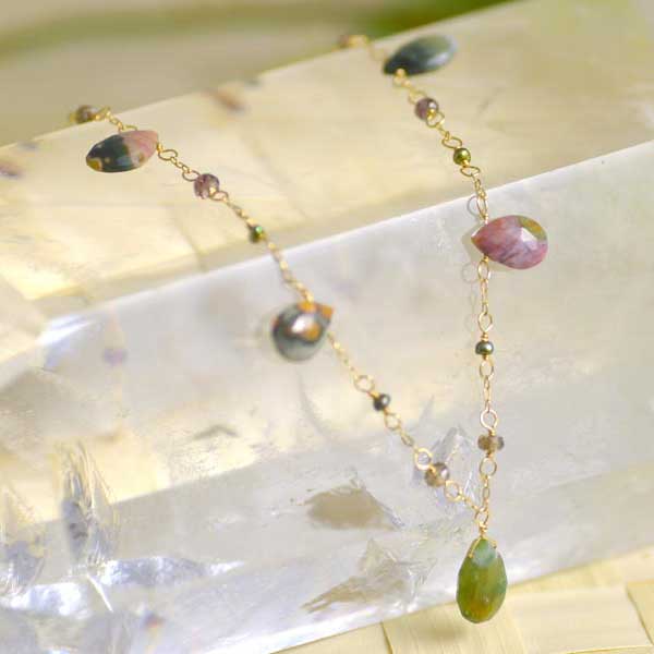 K18 オーシャンジャスパー サファイア  淡水パール ショートネックレス