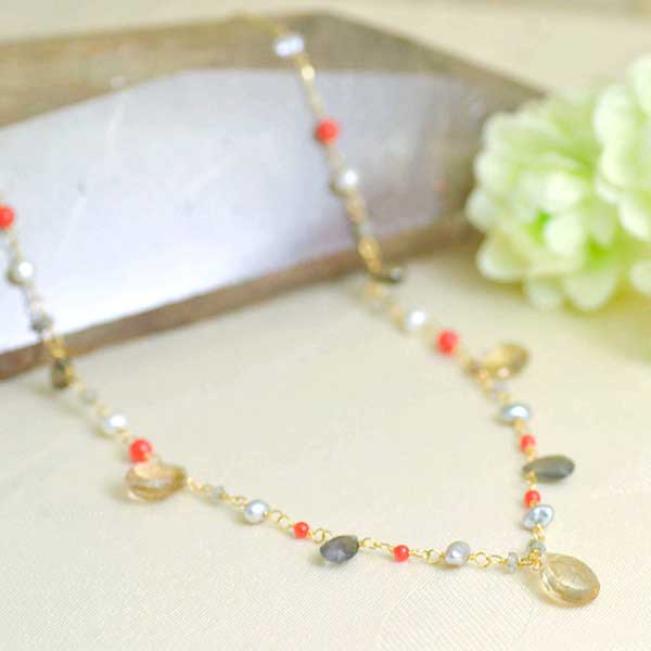 K18 胡渡り 珊瑚 スモーキークォーツ シャンパンクォーツ 淡水パール フリンジ ネックレス