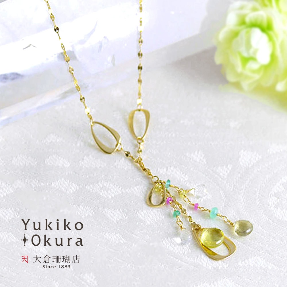 K18 エメラルド ピンク サファイヤ ホワイトトパーズ Y ネックレス