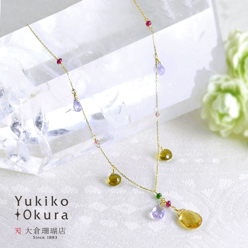 K18 グリーン ガーネット レッドスピネル シャンパン クォーツ フリンジ ネックレス