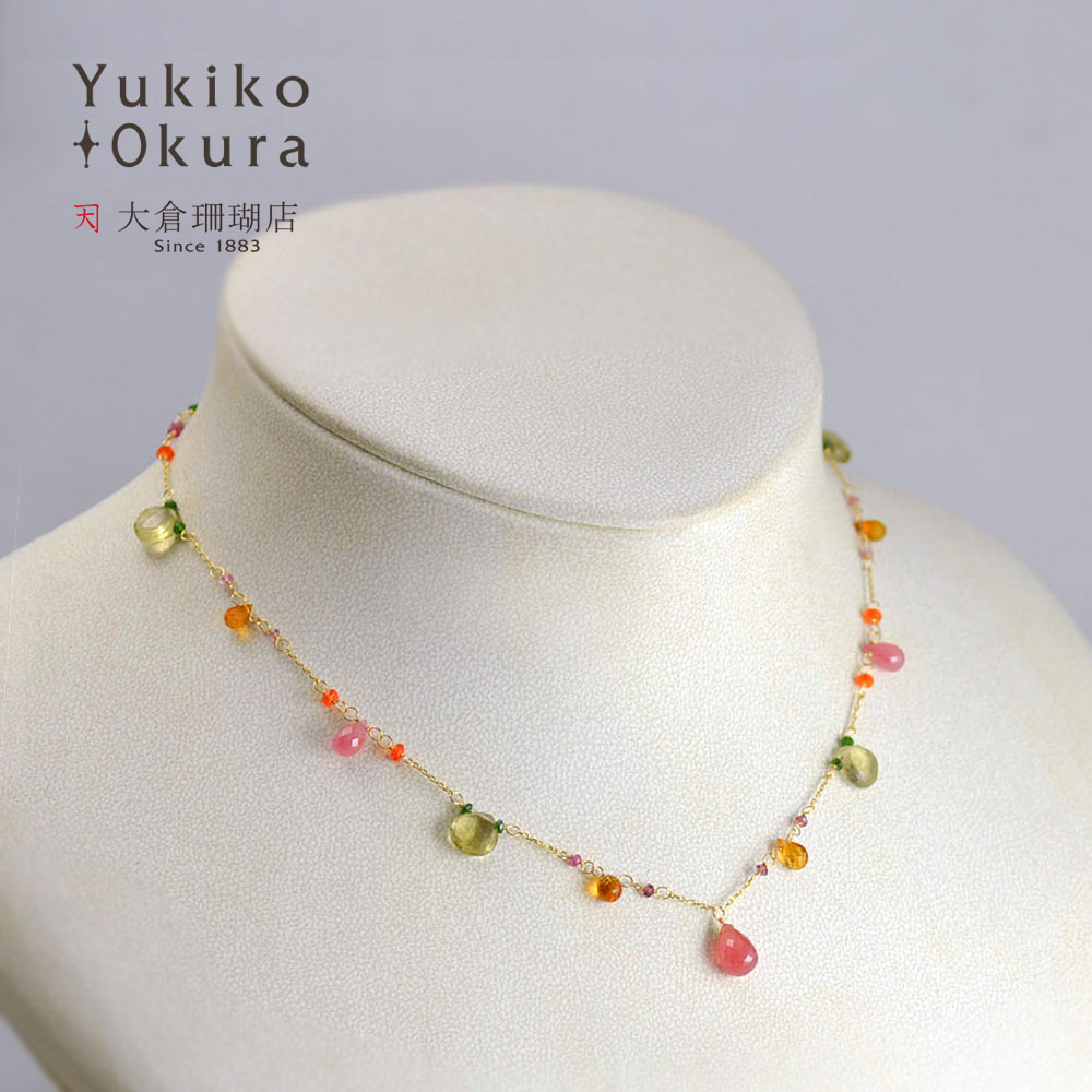 K18 クォーツ ロードクロサイト サボライト シトリン ファイヤーオパール フル ネックレス