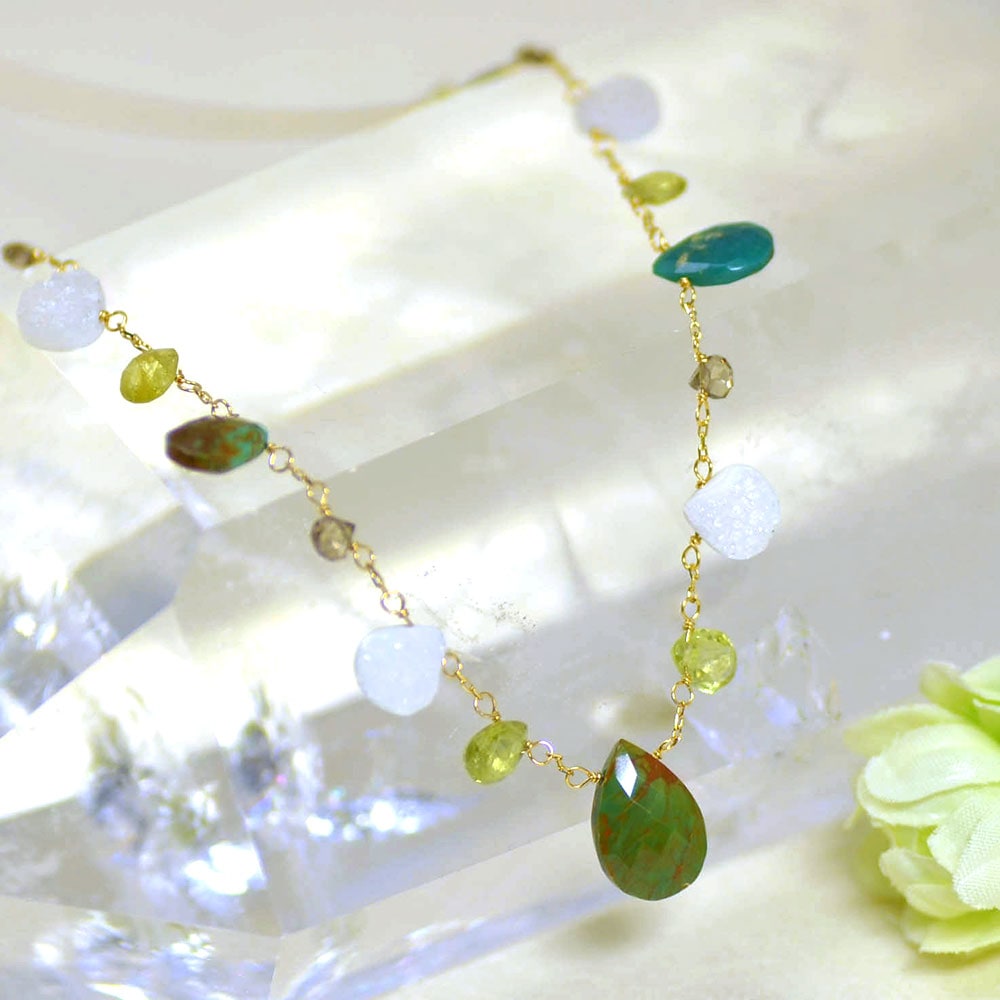 K18 グリーンターコイズ ホワイトドゥルージー ガーネット フリンジネックレス