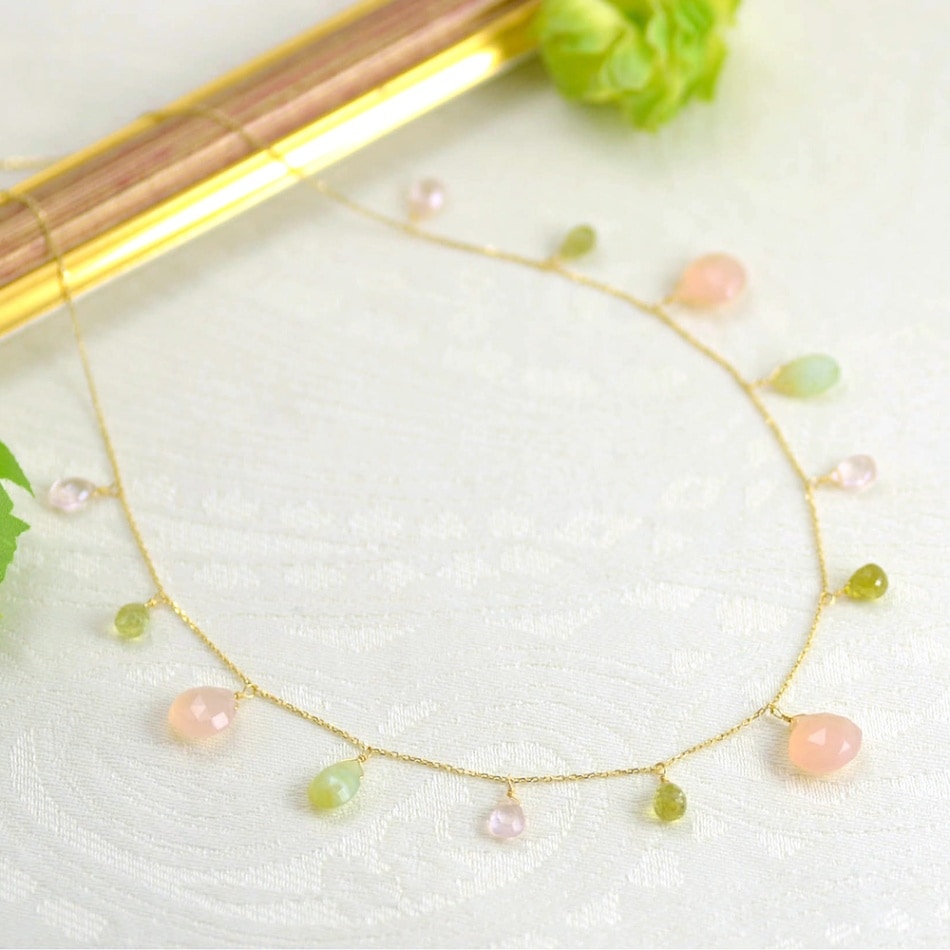 K18 ピンク カルセドニー オパール グリーン ガーネット ローズクォーツ ステーション ネック