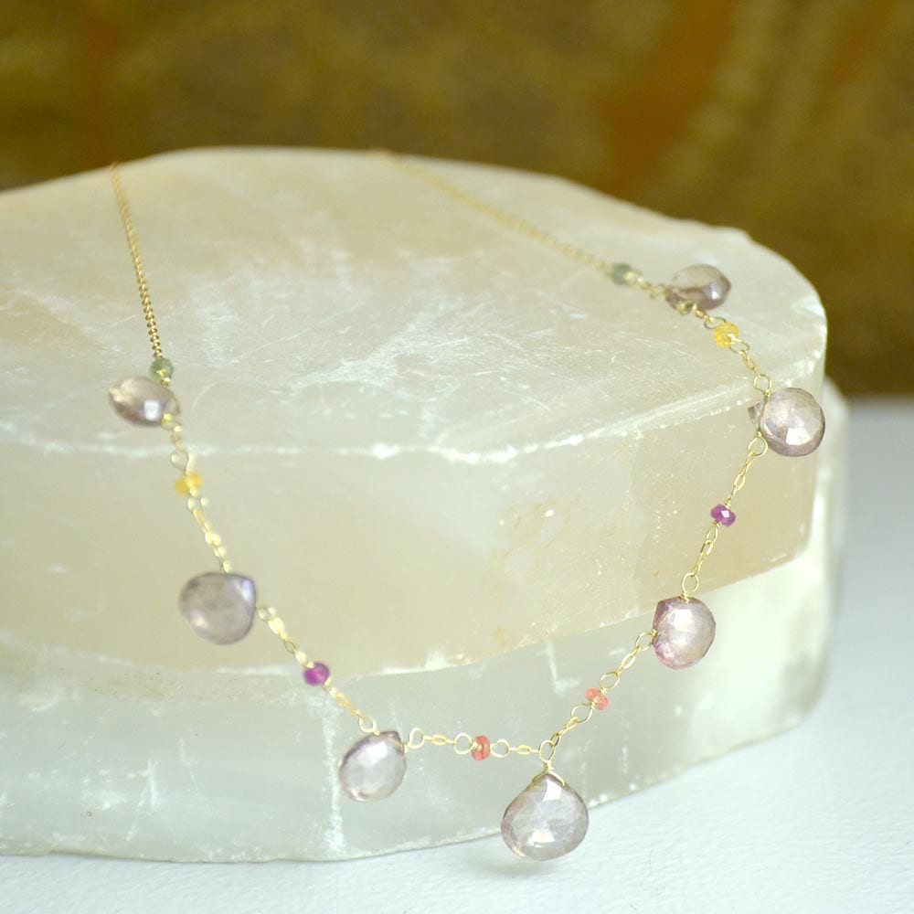 K10 グレー クォーツ マルチサファイヤ フリンジ ネックレス