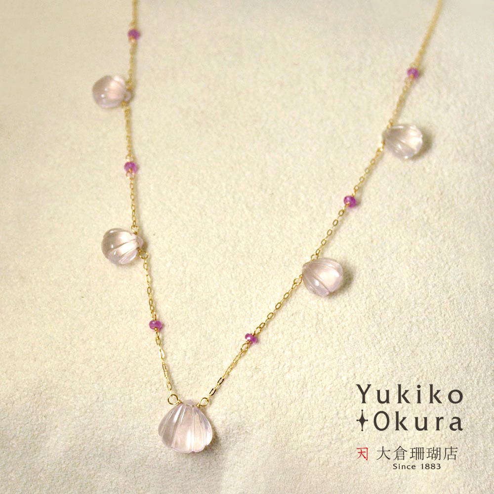 K18 ローズクォーツ ピンク サファイヤ帆立 フリンジ ネックレス