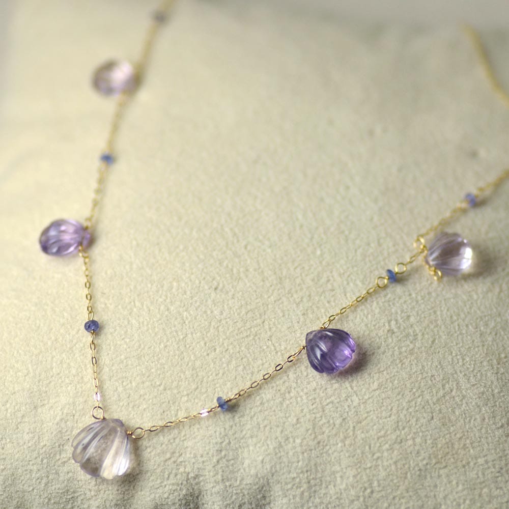 K18 アメシスト サファイヤ ホタテフリンジネックレス