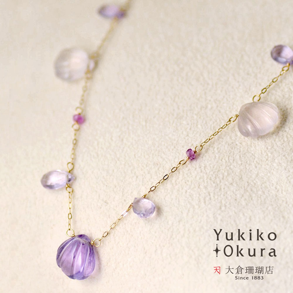 K18 アメシスト ローズクォーツ  ピンク サファイヤ帆立 フリンジ ネックレス
