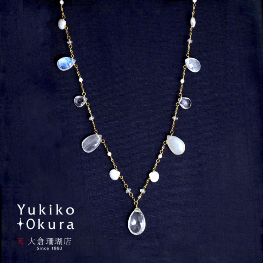 K18 レインボームーンストーン ホワイトトパーズ ホワイトアベンチュリン ホワイトアゲイト フリンジネックレス
