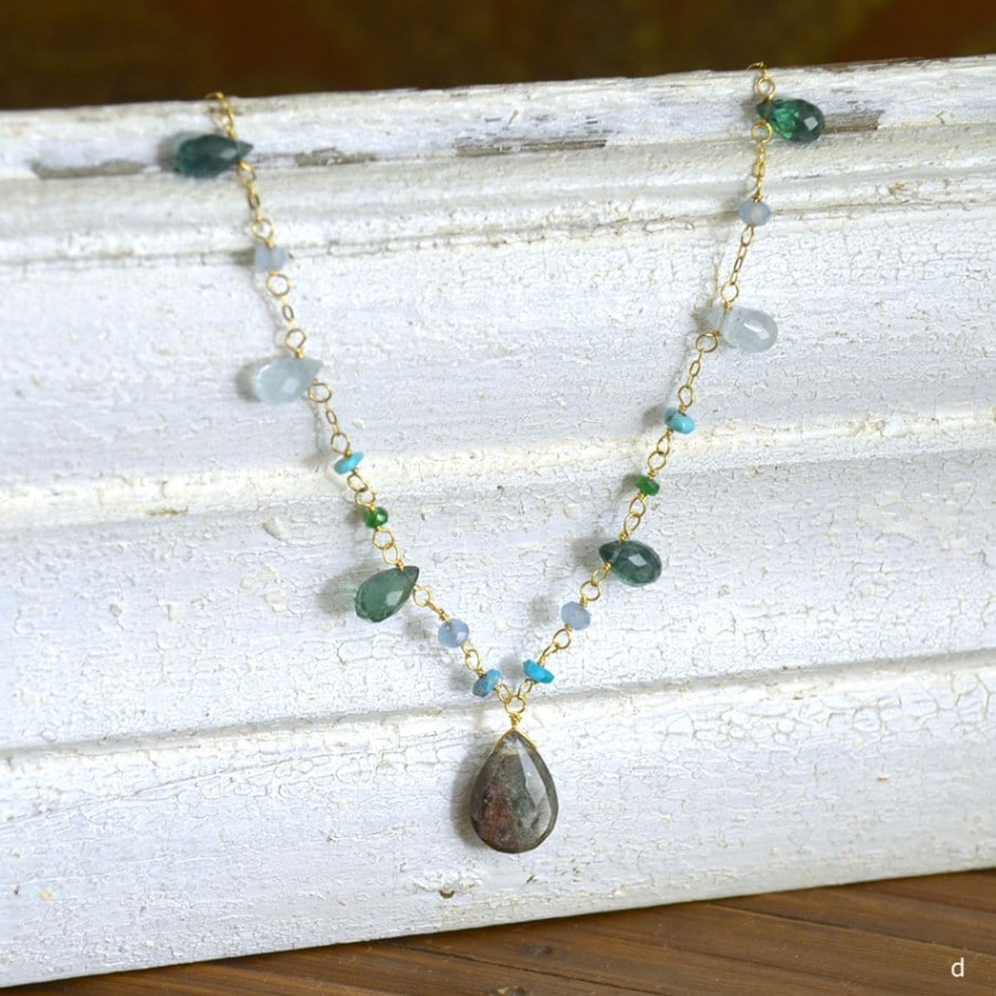 K18 グリーンルチルクォーツ グリーンアパタイト アクアマリン ツァボライト フリンジネックレス