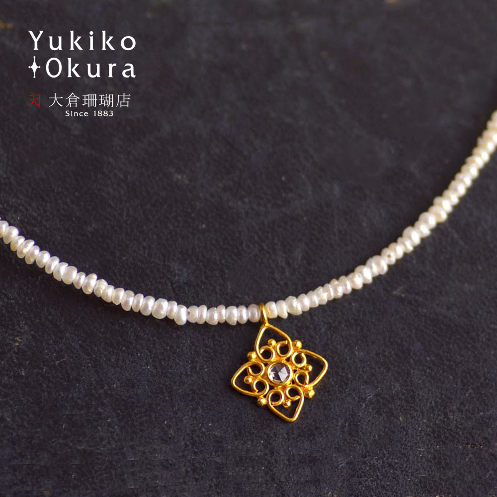 K18 ダイヤ フラワー 淡水 パール ネックレス