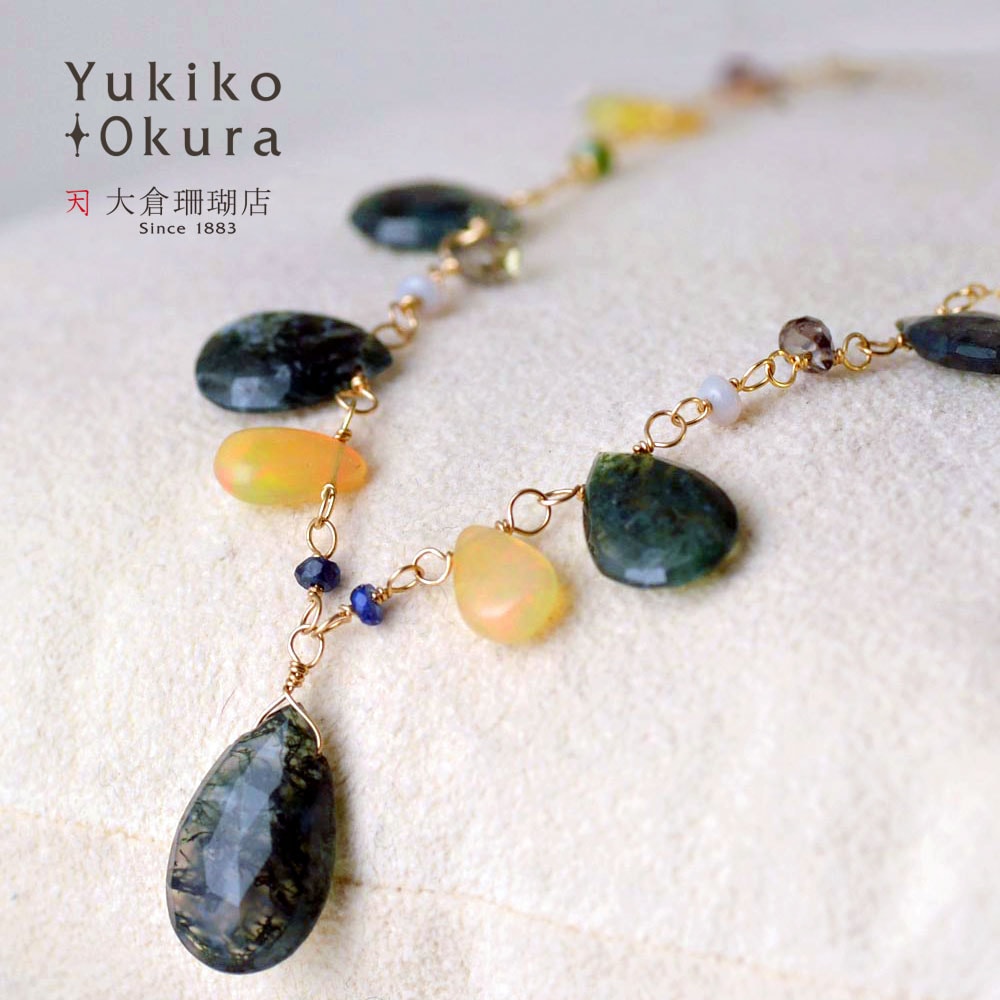 K18 モスアゲイト・エチオピアオパール フリンジネックレス