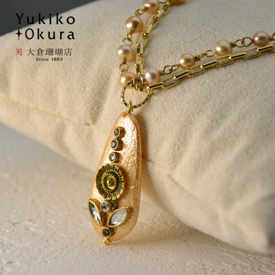 インドパーツ シャンパン淡水ネックレス ジュエリーポーチ付