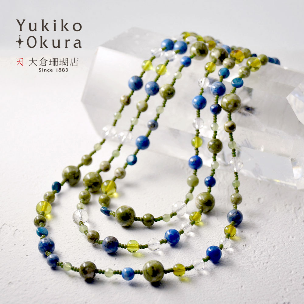 グリーンスノーフレイク グリーンアンバー ラピス ロングネックレス