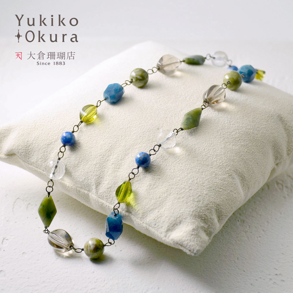 ラピスラズリ カイヤナイト 琥珀 スモーキークォーツ 水晶 グリーンスノーフレイク ネックレス