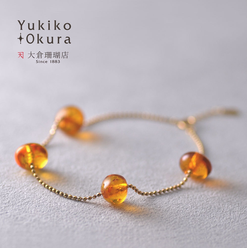 K18 カットボールチェーン アンバー 4石ラフボール ブレスレット