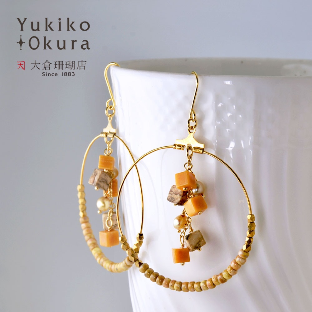 イエロージェイド ピクチャーストーン 淡水パール フープイヤリング ピアス