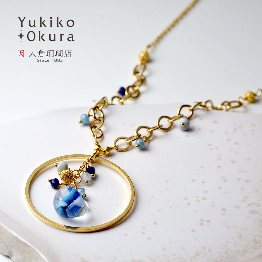 ブルーオパール アクアマリン ラピスラズリ フープフリンジネックレス