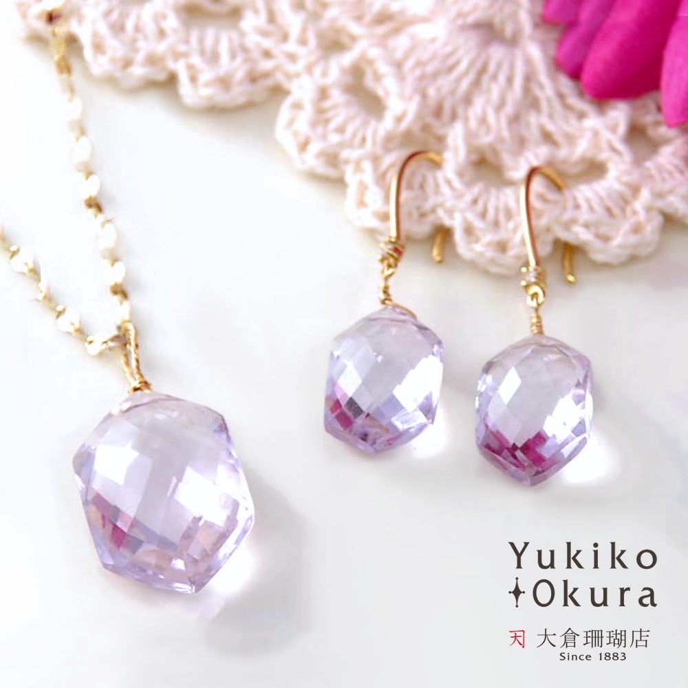 K18 六角カット ピンク アメシスト ピアス & チャームセット大