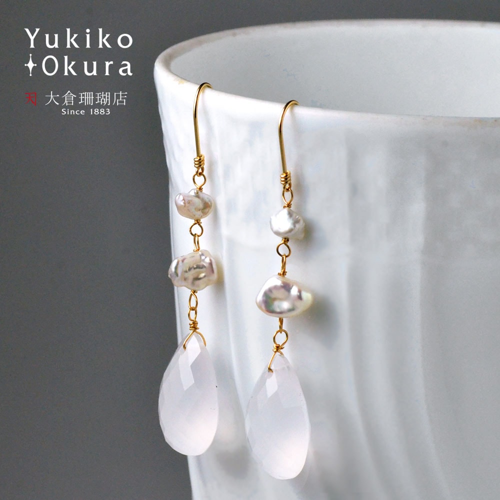 K18 ホワイトクォーツ 淡水パール イヤリング ピアス
