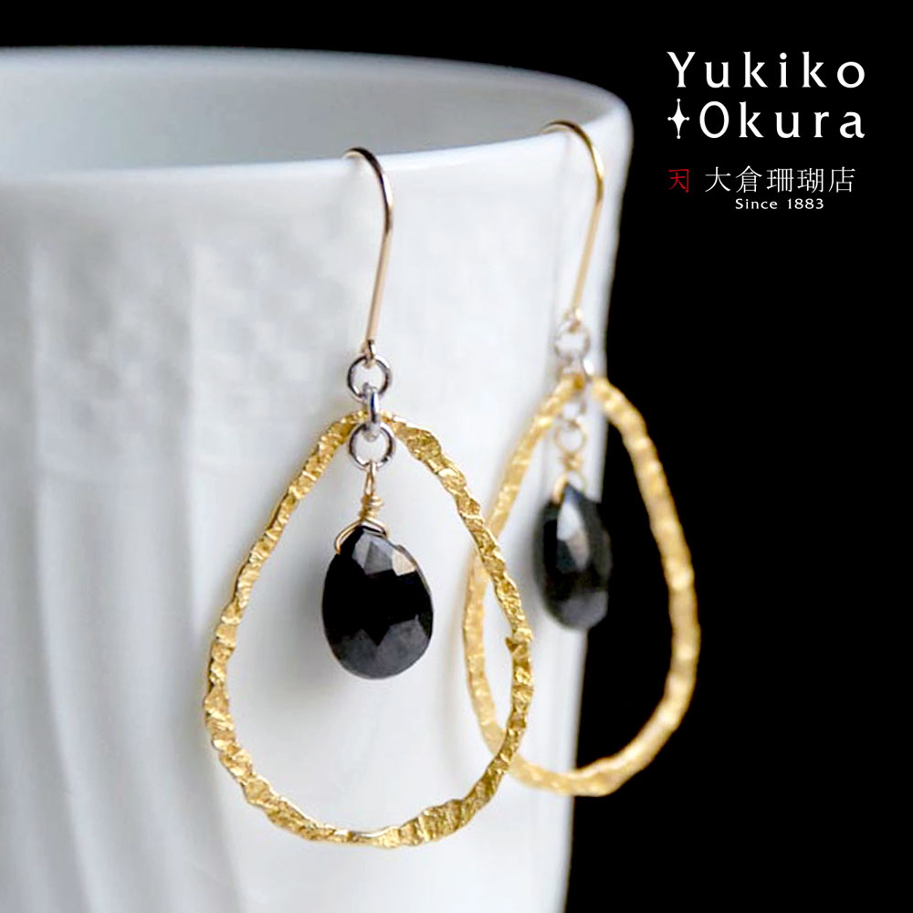 ブラックスピネル ドロップ フープ イヤリング ピアス