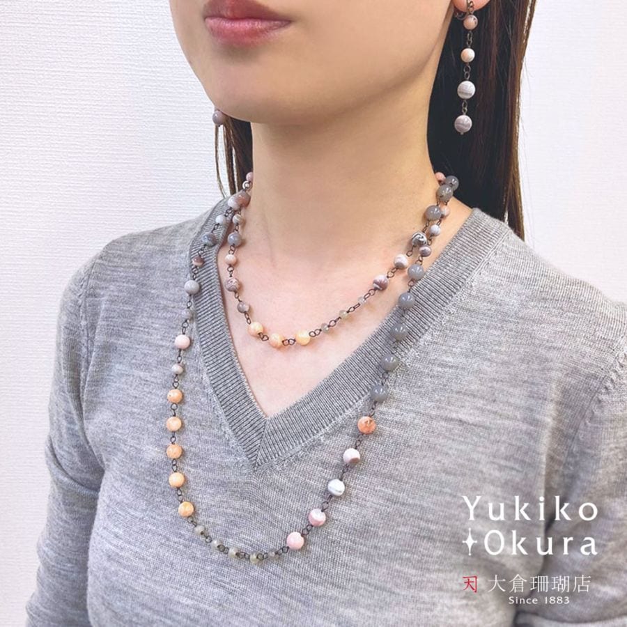 ピンクボツワナアゲイト オレンジカルサイト グレイアゲイト シャンク巻きネックレス