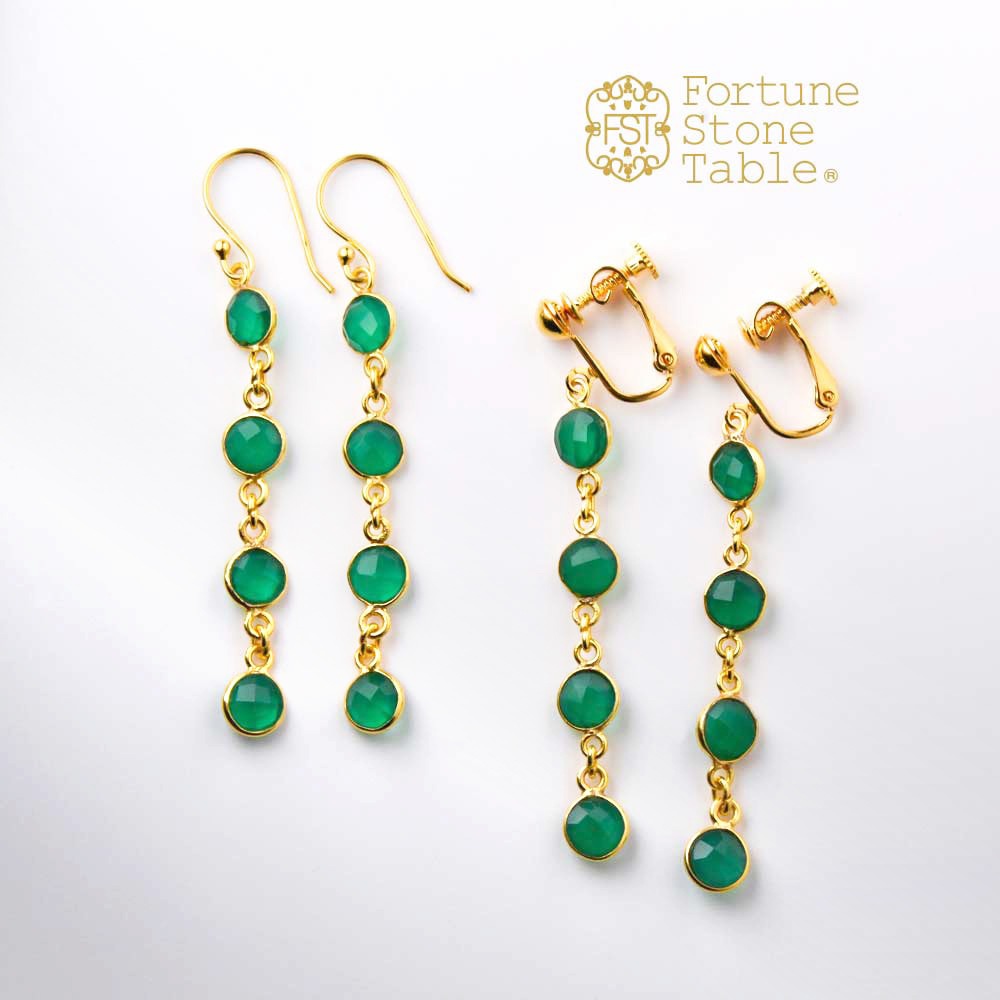 SVストーンベゼルイヤリング･ピアス　グリーンアゲイト【Fortune Stone Table】