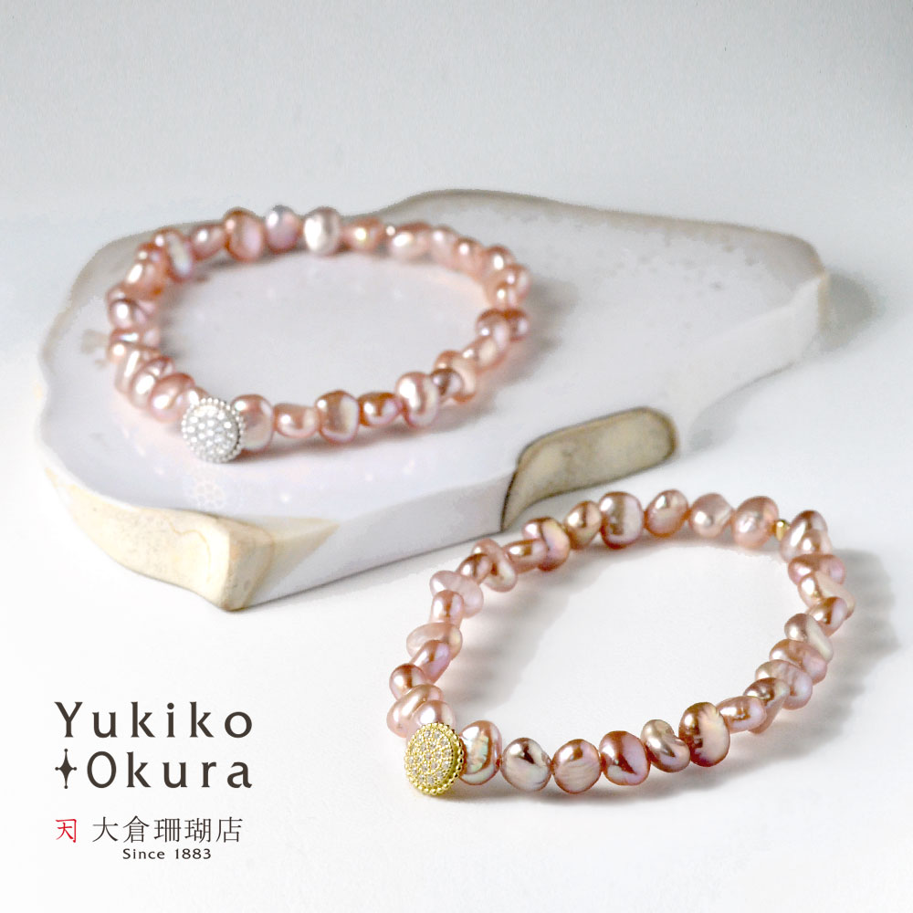 淡水パール ナチュラルピンク ストレッチブレス SV925CZメタルパーツつき