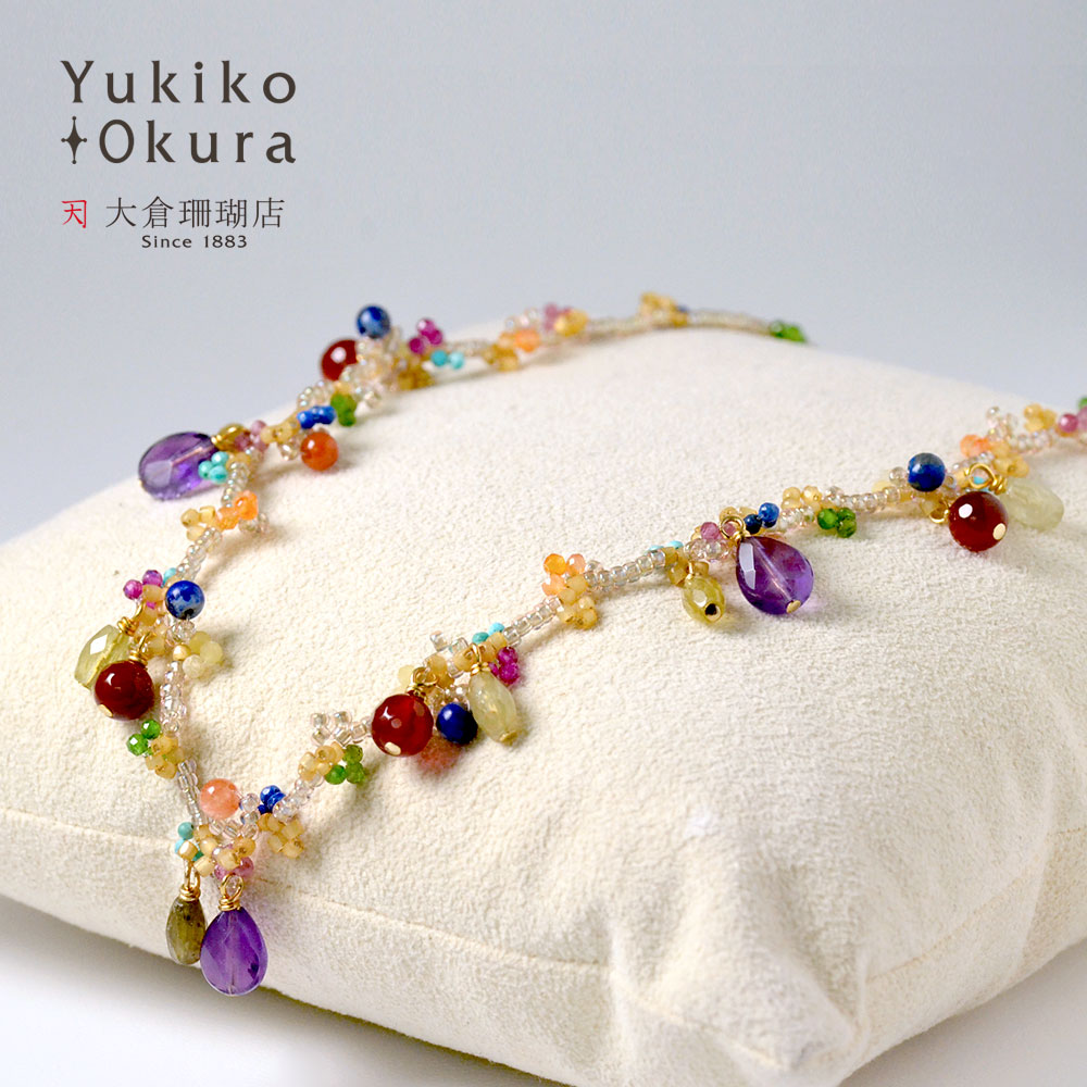 マルチカラー天然石 編みこみネックレス