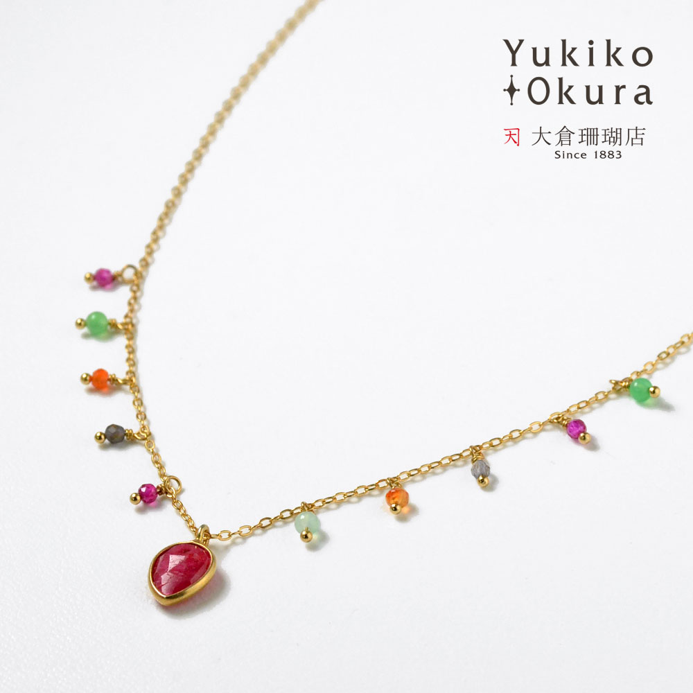 ルビーカラーサファイアドロップ クリソプレイズ カーネリアン マルチカラーフリンジネックレス