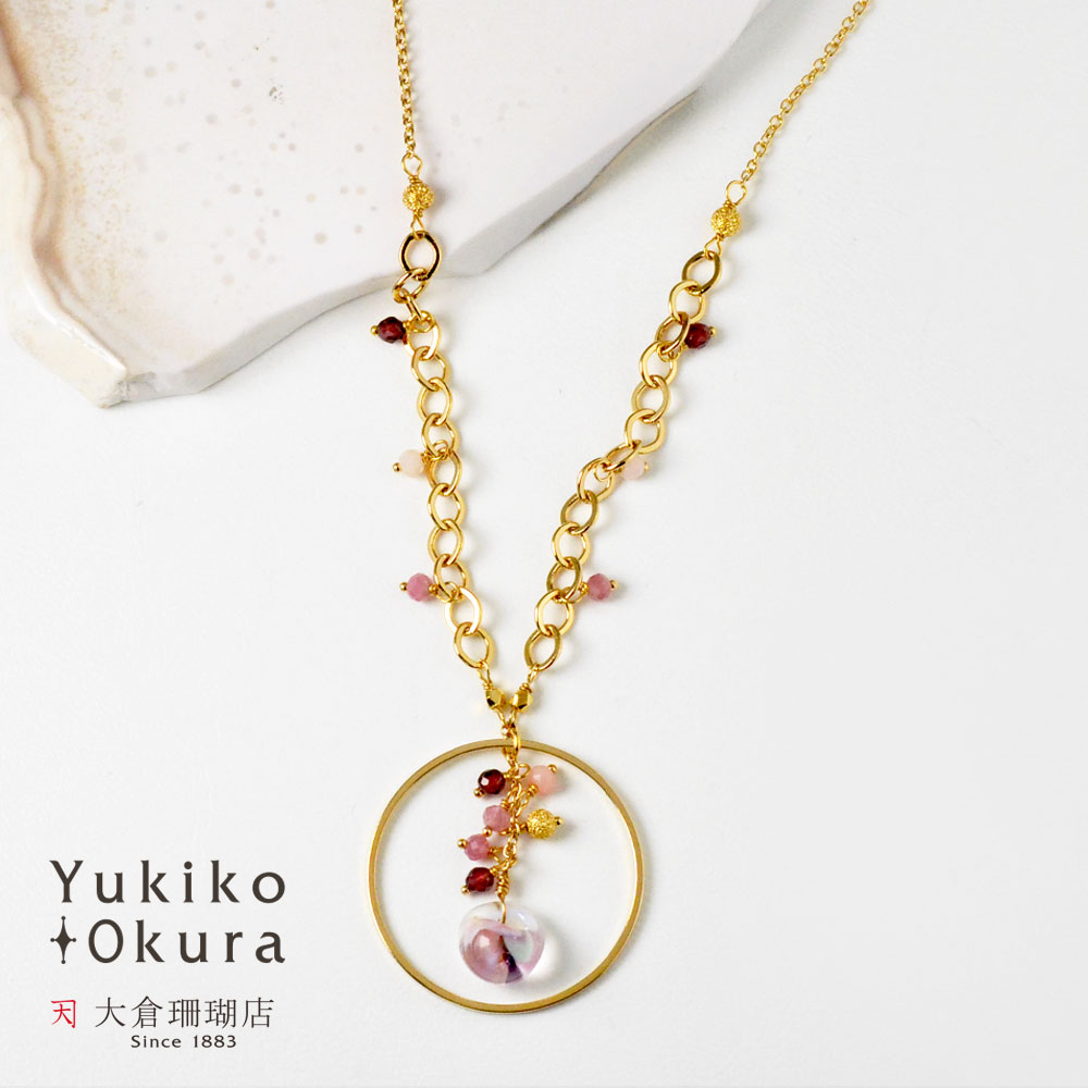 ピンク フープフリンジネックレス