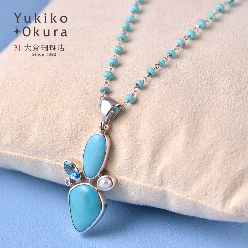 SV ターコイズ ブルートパーズ ホワイトトパーズ 淡水パール ペンダントネックレス