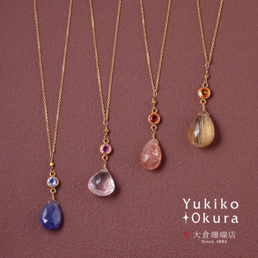 K18 天然石 ネックレス(タンザナイト・ローズクォーツ×ピンクサファイア・サンストーン×レッドサファイア・ルチルクォーツ×オレンジサファイア)