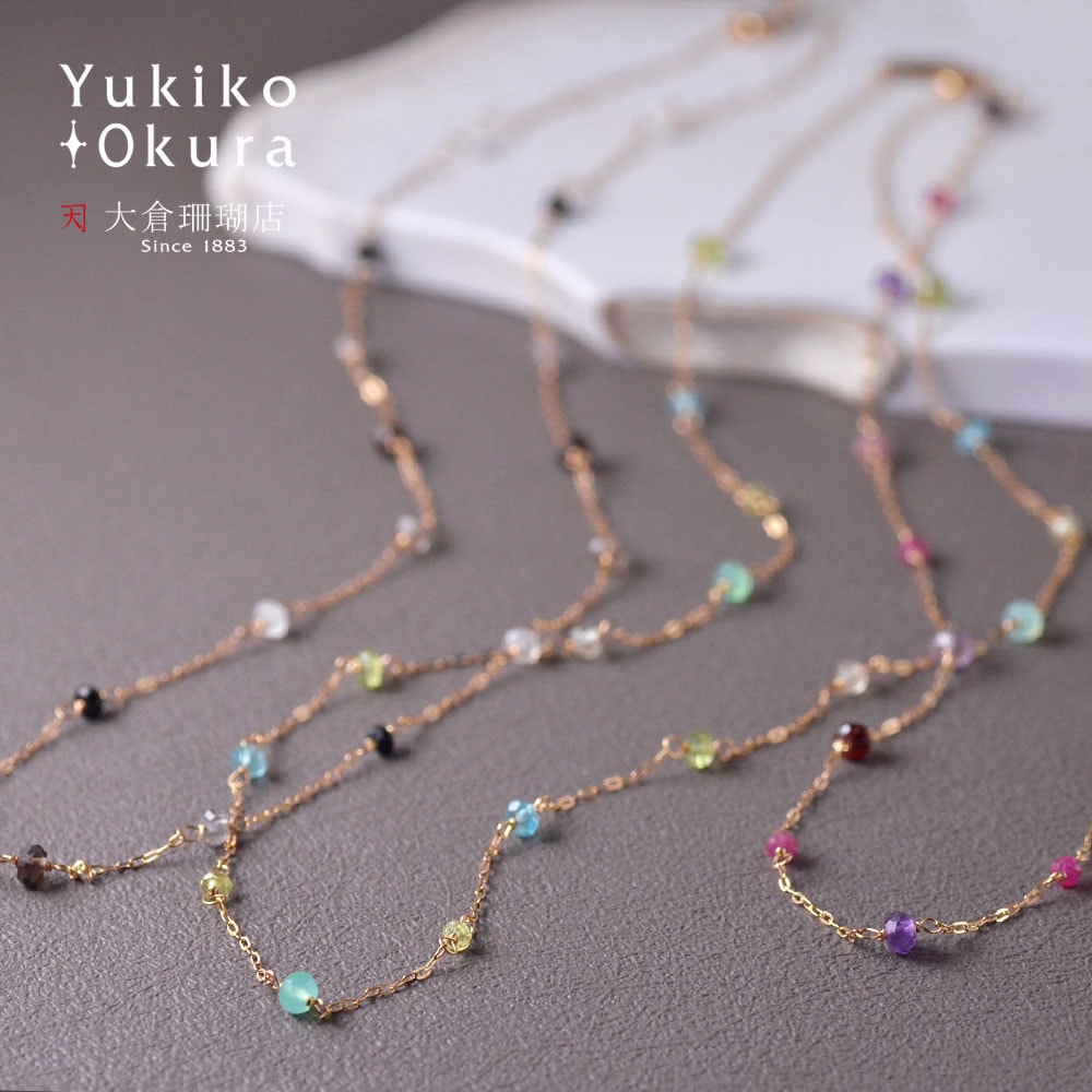 K18 天然石 ステーションネックレス(ブラック系・ピンク系・グリーン系)