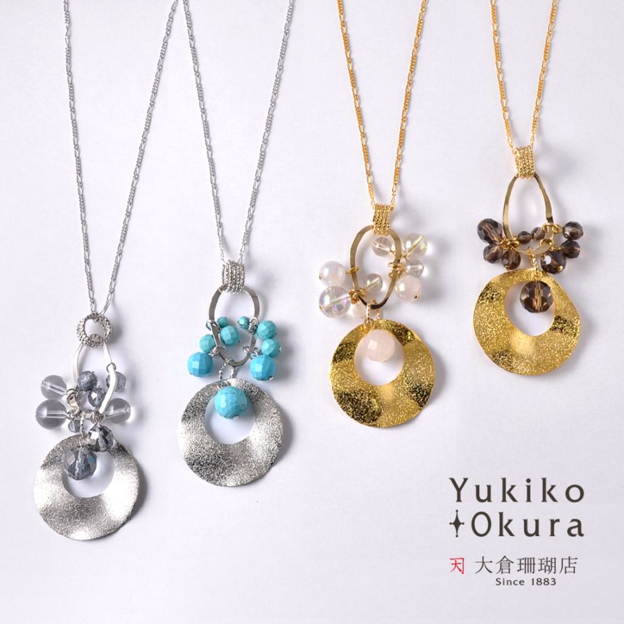 ドーナツ・変形フープ 天然石 フリンジロングペンダント