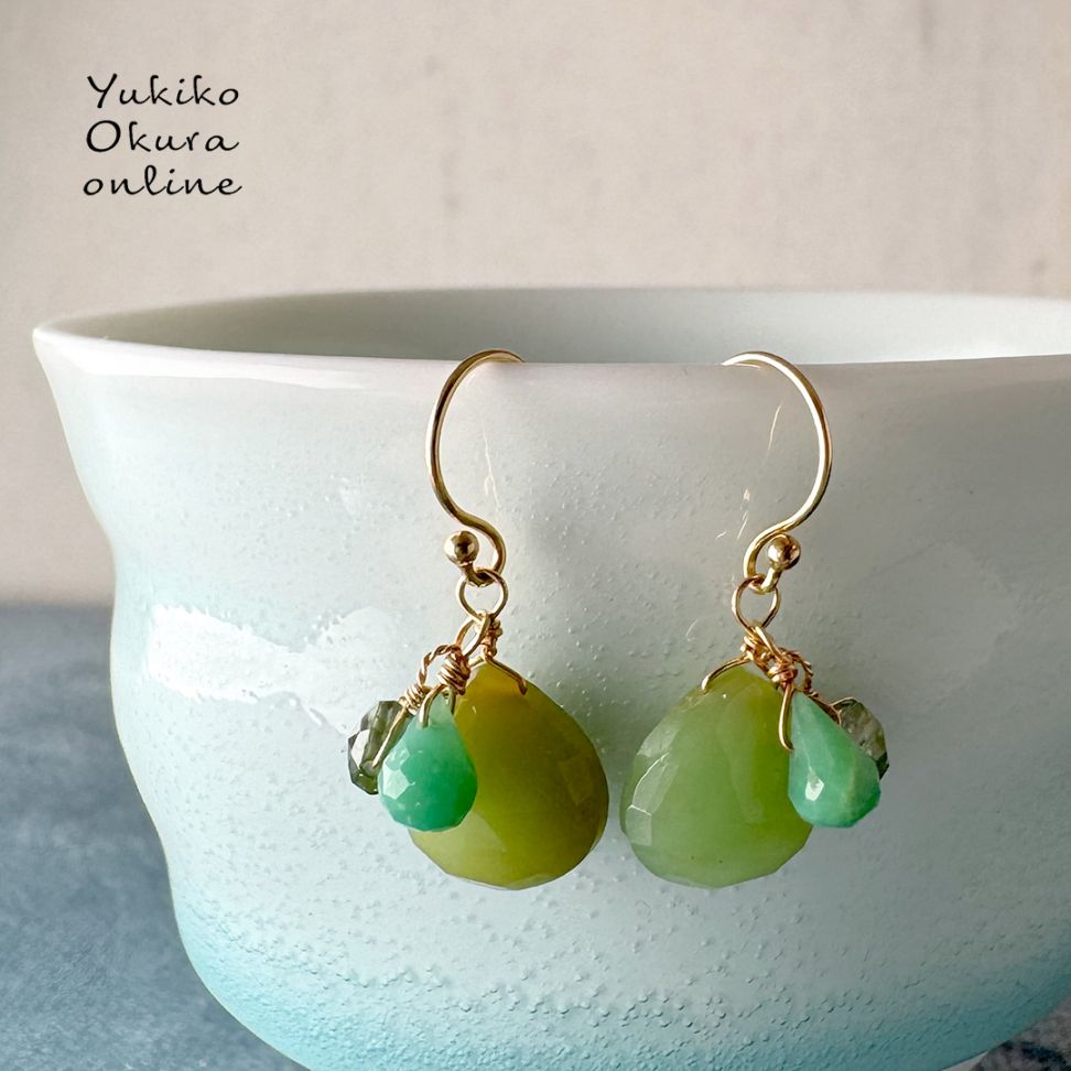 １点限り！K18 グリーンオパール・クリソプレイズ・トルマリン ピアス