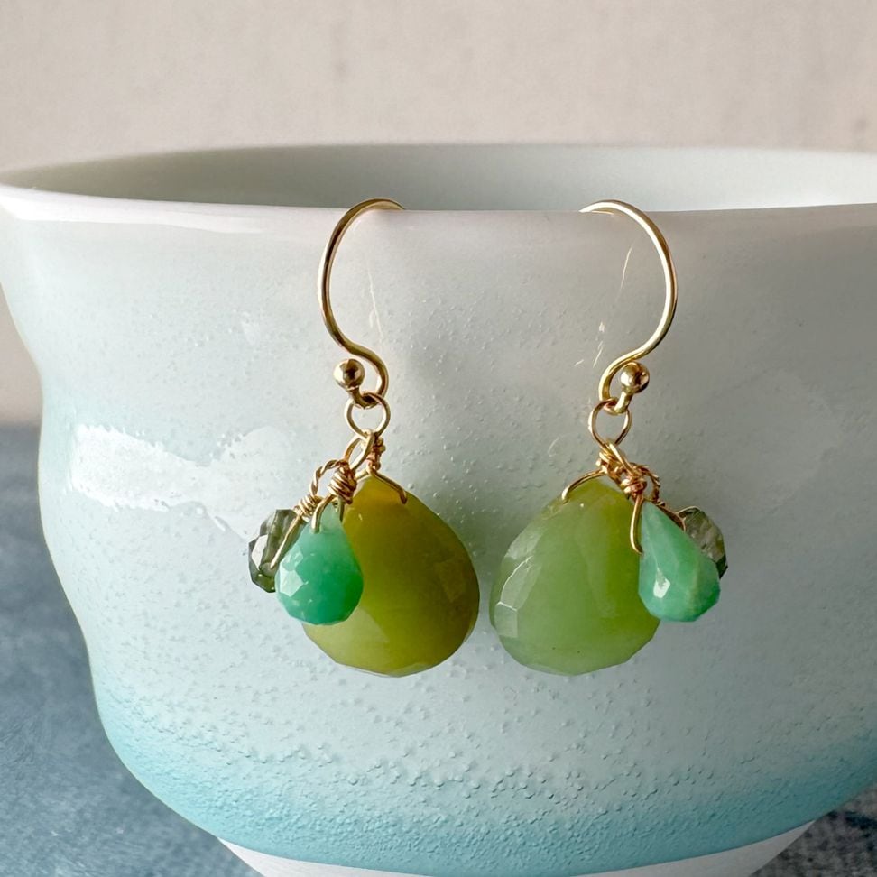 １点限り！K18 グリーンオパール・クリソプレイズ・トルマリン ピアス