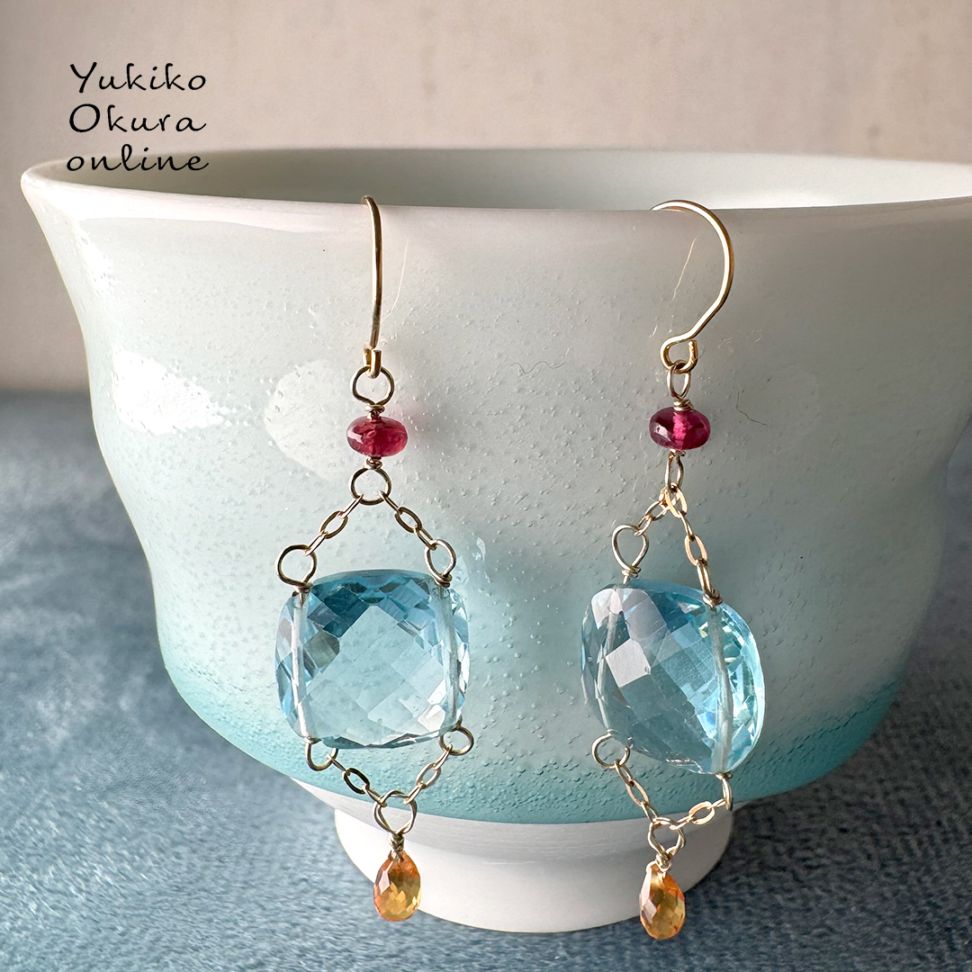 １点限り！K10 ブルートパーズ・サファイア・スピネル ピアス