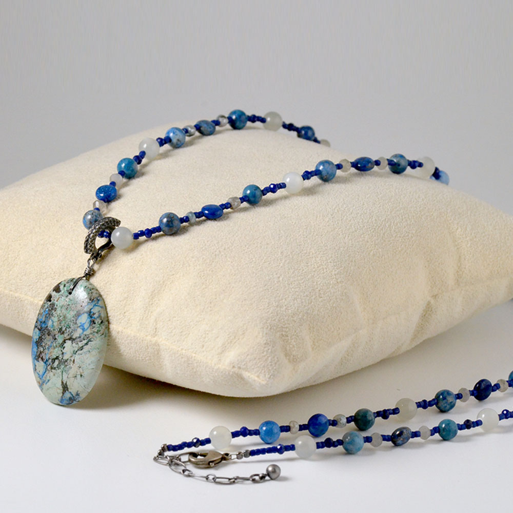 アズライト トップ付 ラピスラズリ シリマナイト ムーンストーン ロングネックレス