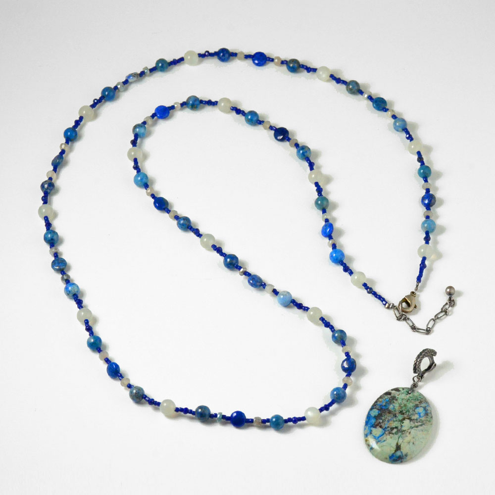 アズライト トップ付 ラピスラズリ シリマナイト ムーンストーン ロングネックレス