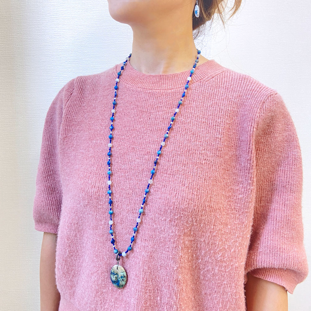 アズライト トップ付 ラピスラズリ シリマナイト ムーンストーン ロングネックレス