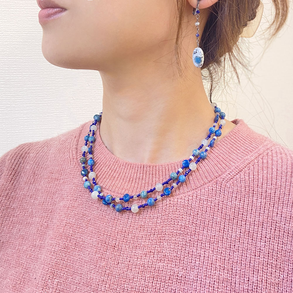 アズライト トップ付 ラピスラズリ シリマナイト ムーンストーン ロングネックレス