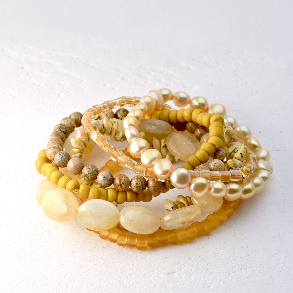 クォーツ ピクチャーストーン 淡水パール ガラスビーズ 7連ゴムブレス