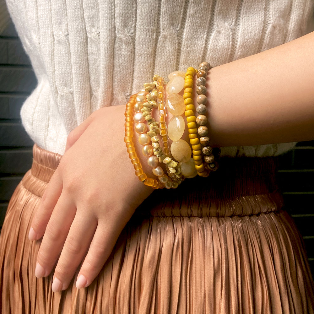 クォーツ ピクチャーストーン 淡水パール ガラスビーズ 7連ゴムブレス