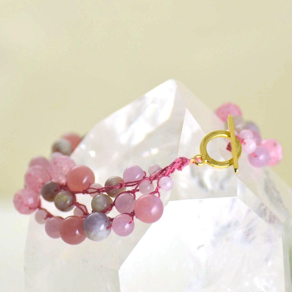 レピドライト ストロベリー クォーツ 3連ニットブレスレット